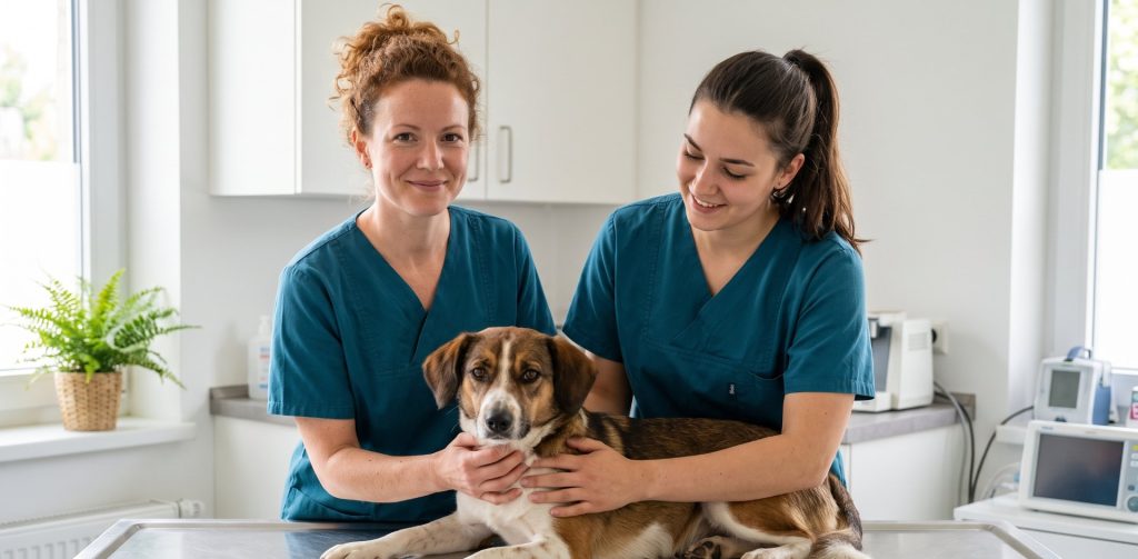 Zwei Tiermedizinische Fachangestellte untersuchen einen Hund auf dem Behandlungstisch