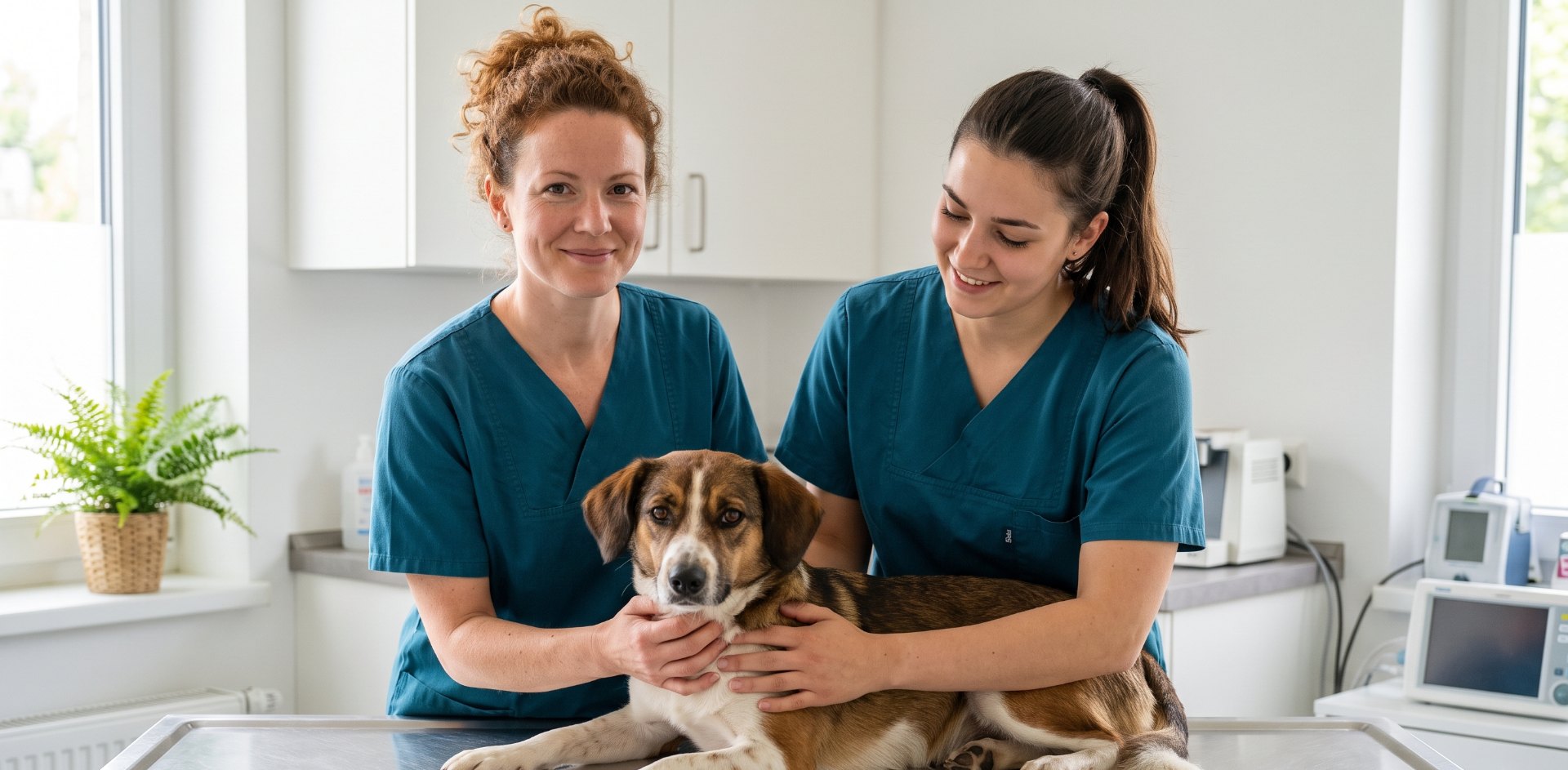 Zwei Tiermedizinische Fachangestellte untersuchen einen Hund auf dem Behandlungstisch