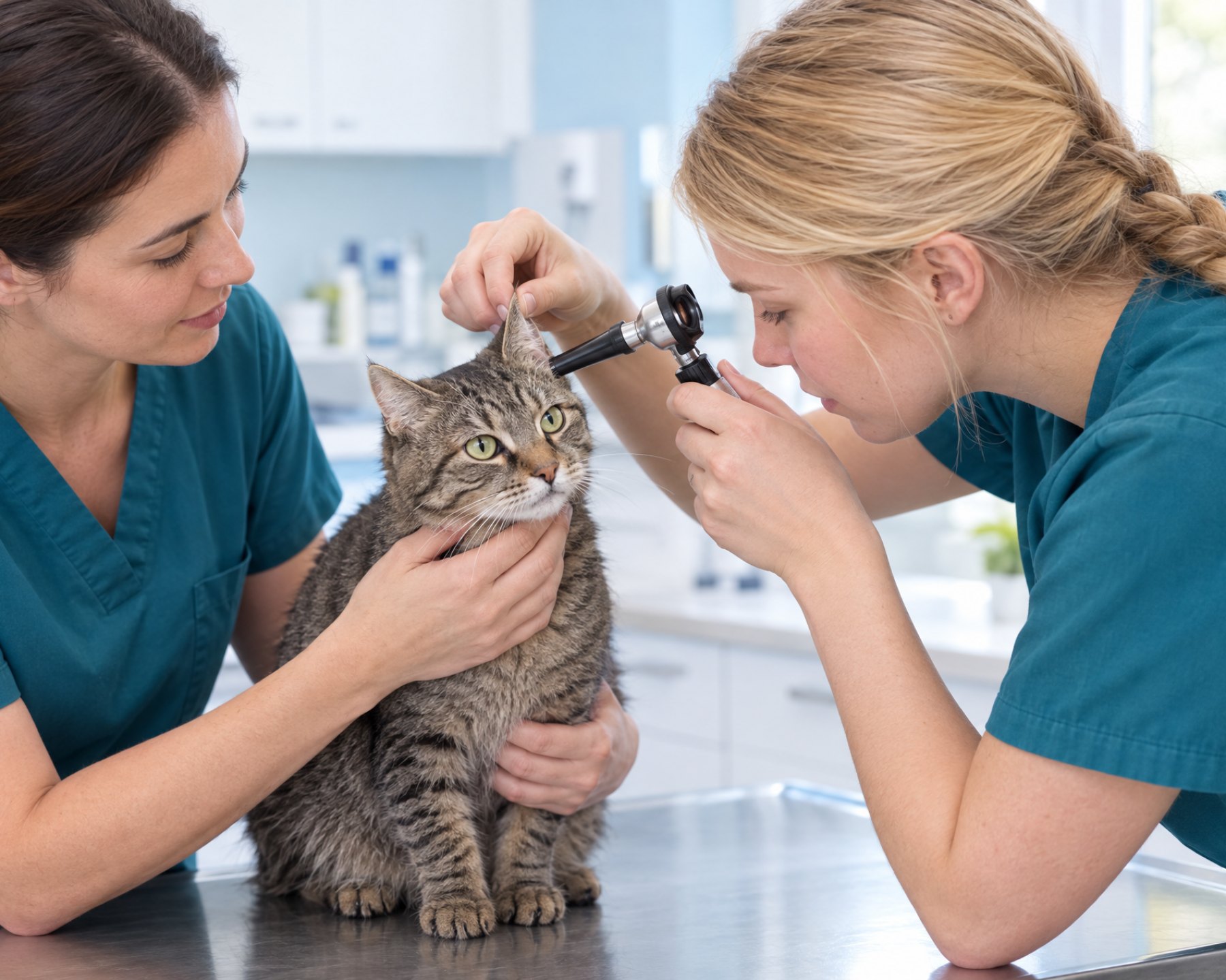 Zwei Tiermedizinische Fachangestellte untersuchen das Ohr einer Katze mit dem Otoskop